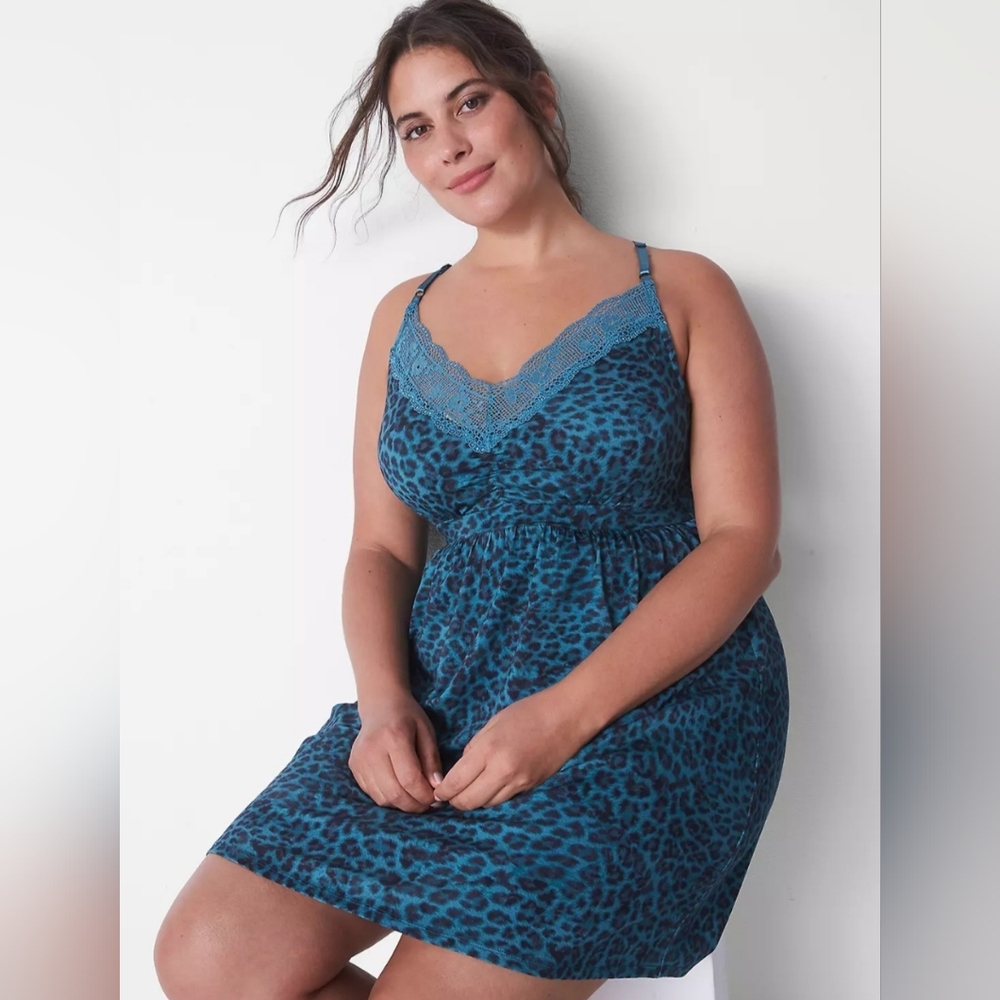 Sleep Lane Bryant Cacique Chemise Blue Black Cheetah Print Lingerie 18/20